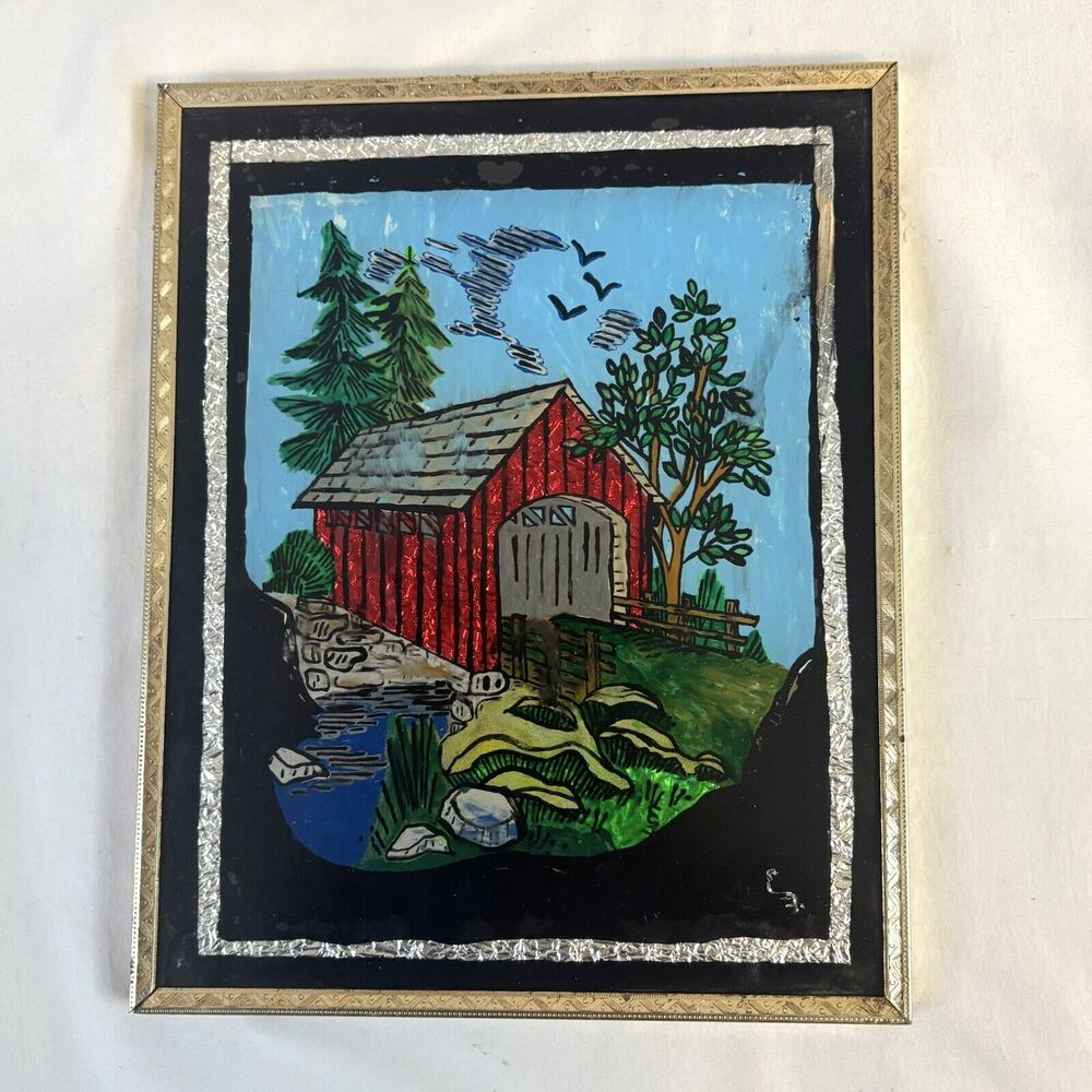 Vintage Foil Art Covered Bridge Framed Picture Reverse Painted Glass 8x10